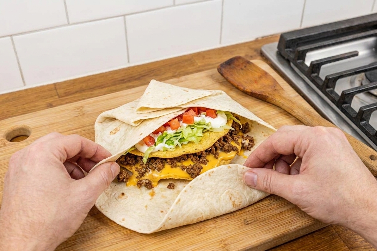 Hands folding a large flour tortilla into overlapping pleats over a tostada-topped filling on a cutting board, mid-fold with the center still visible