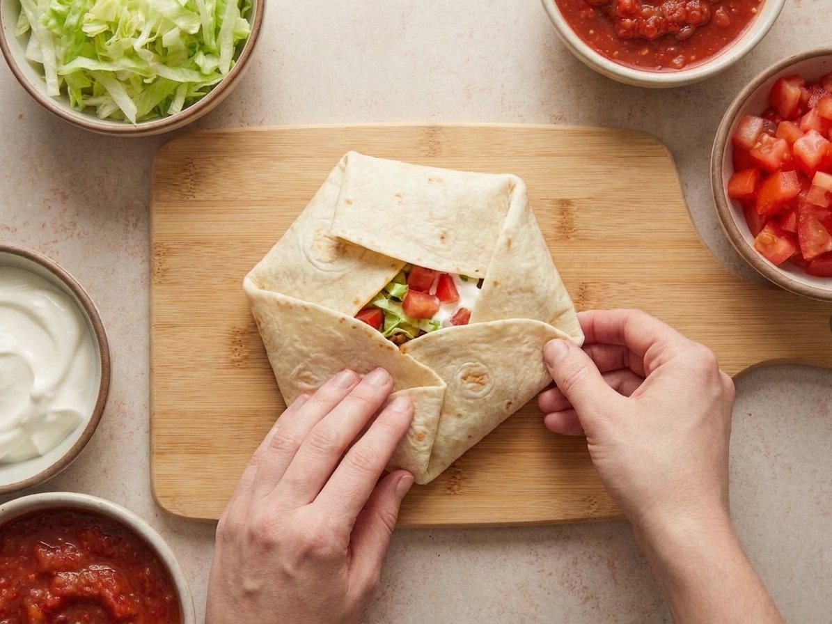 Hands folding a large flour tortilla into overlapping pleats to seal a Crunchwrap on a cutting board