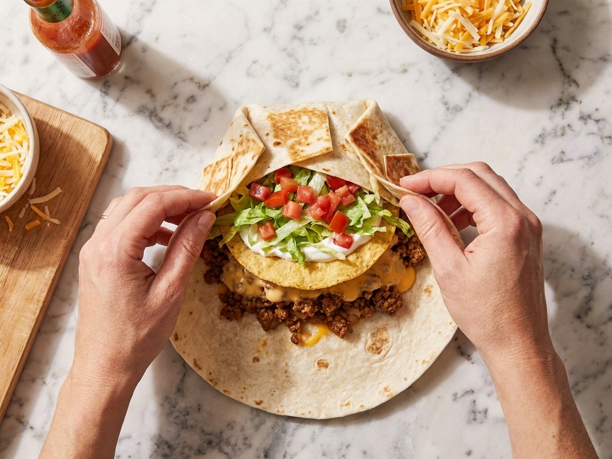 Hands folding a large flour tortilla into pleats over a layered crunchwrap filling on a kitchen countertop