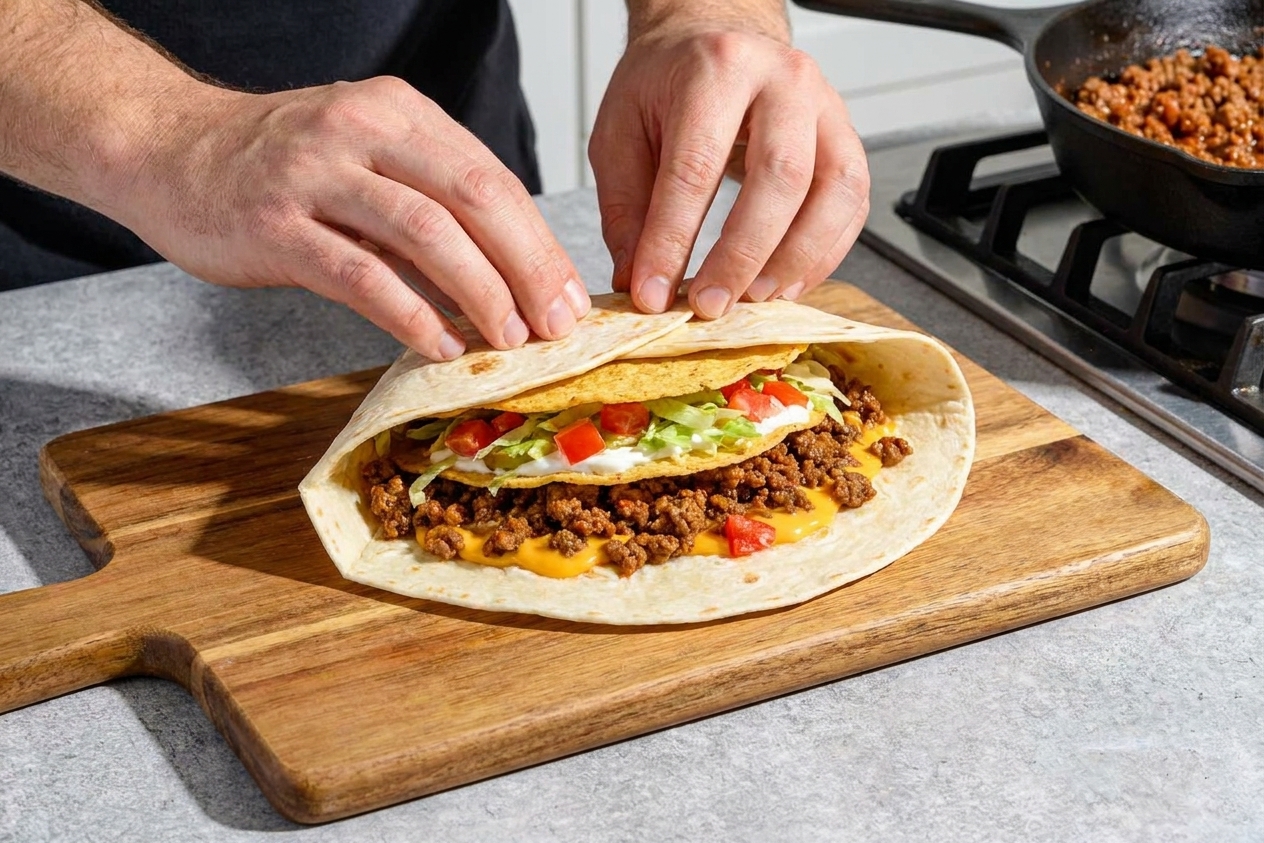 Hands folding a large tortilla into a hexagon shape around a stacked Crunchwrap filling on a cutting board in a bright kitchen