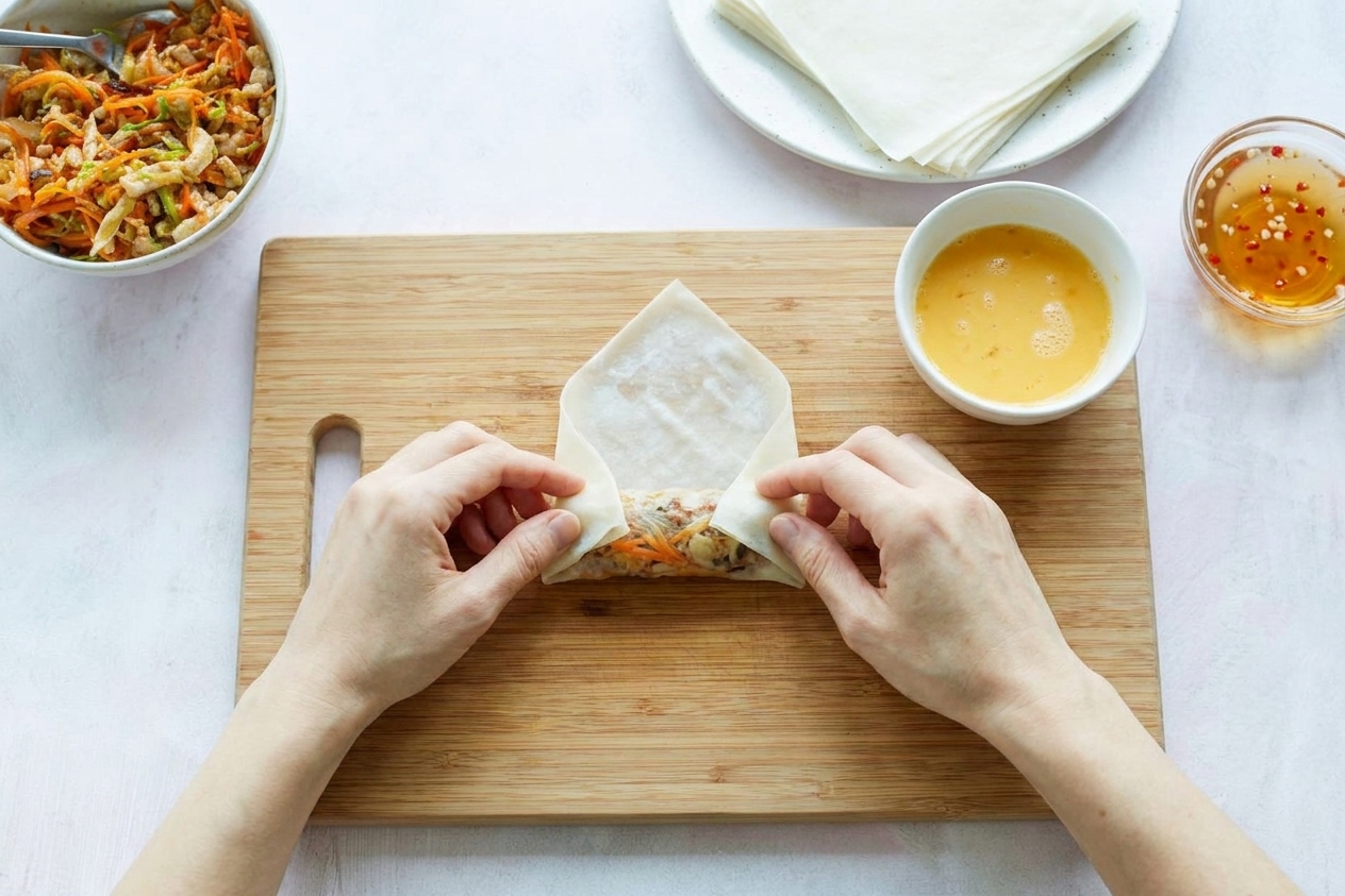 Hands folding a spring roll wrapper over a log of filling, with the side corners tucked in on a wooden cutting board
