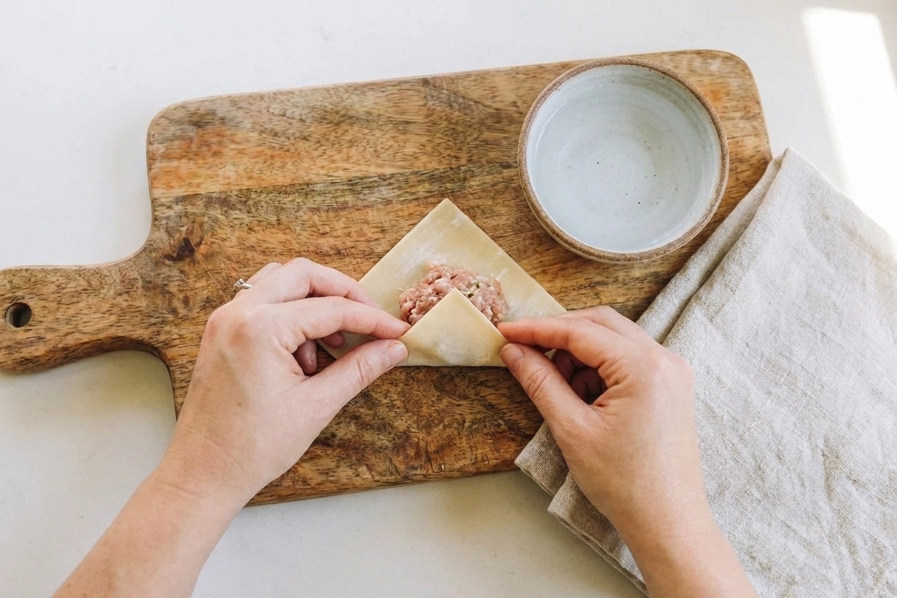 Hands folding a square wonton wrapper over a small mound of pork filling into a triangle on a wooden cutting board
