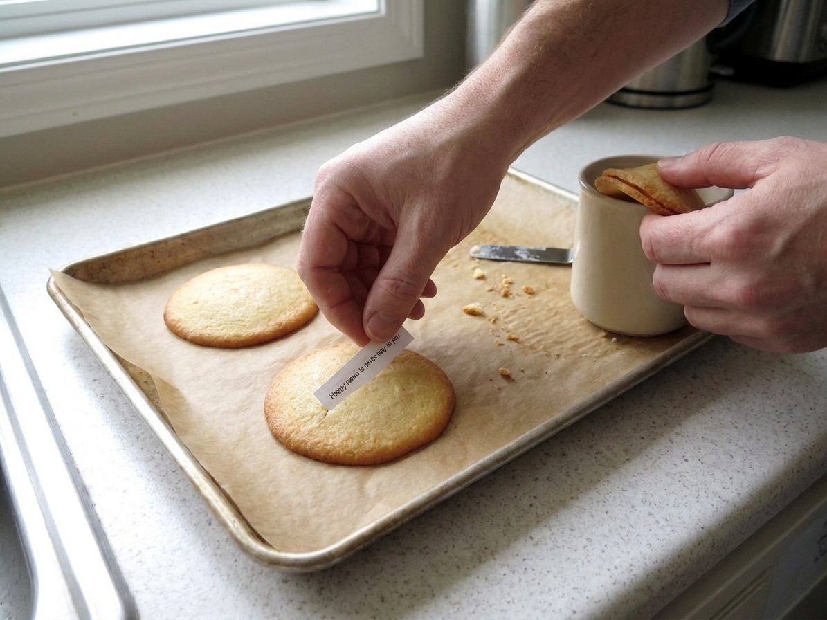 Hands folding a warm fortune cookie around a paper fortune on a baking sheet, then bending it over the rim of a mug