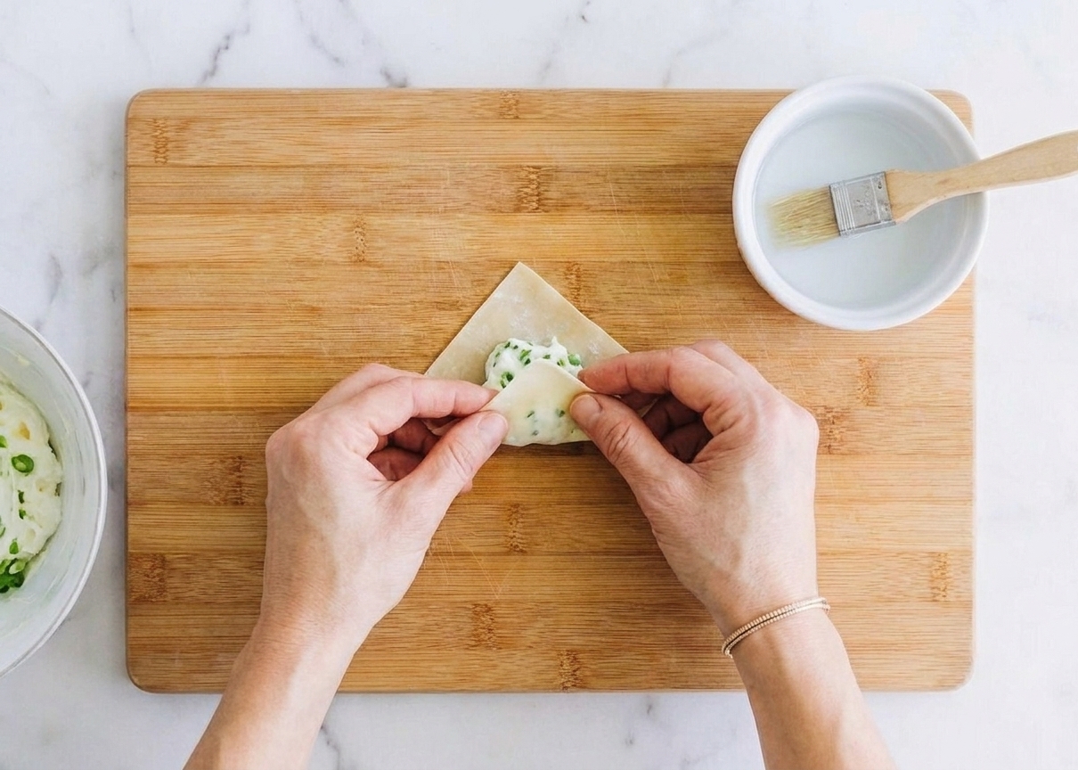 Hands folding a wonton wrapper around cream cheese filling on a wooden cutting board with a small bowl of water nearby