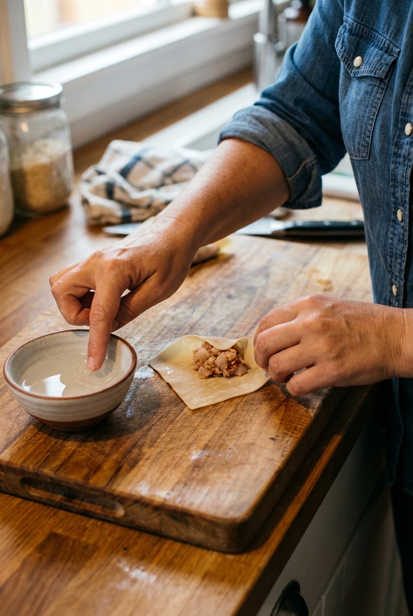 Hands folding a wonton wrapper around pork and shrimp filling on a wooden cutting board with a small bowl of water nearby