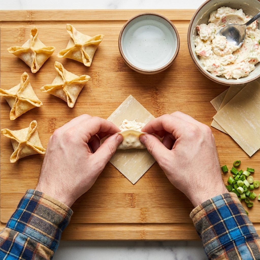 Hands folding a wonton wrapper into a crab rangoon shape on a wooden cutting board with a small bowl of water and a spoonful of creamy crab filling nearby, photorealistic overhead food photography