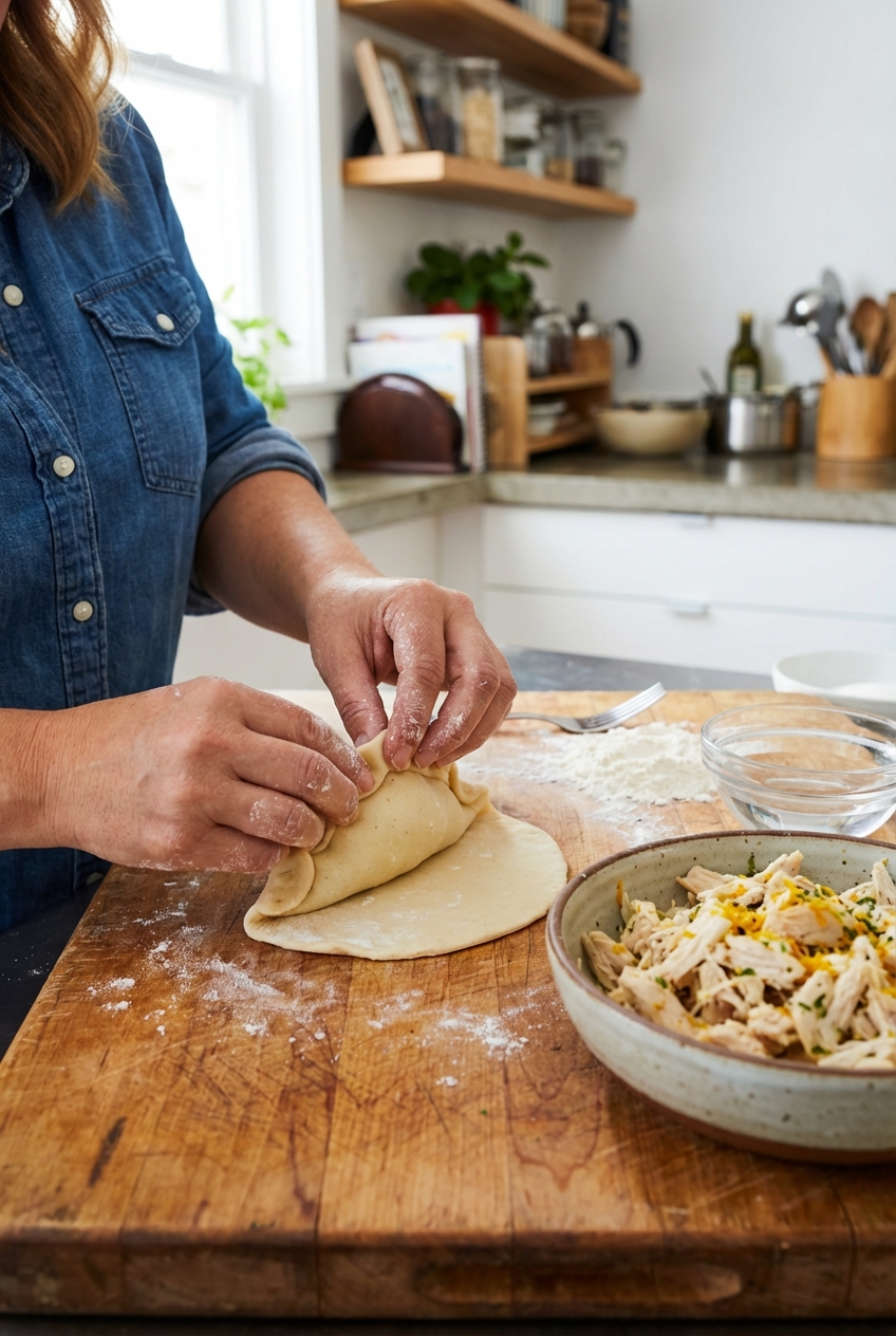 Hands folding an empanada on a cutting board with citrus chicken filling nearby