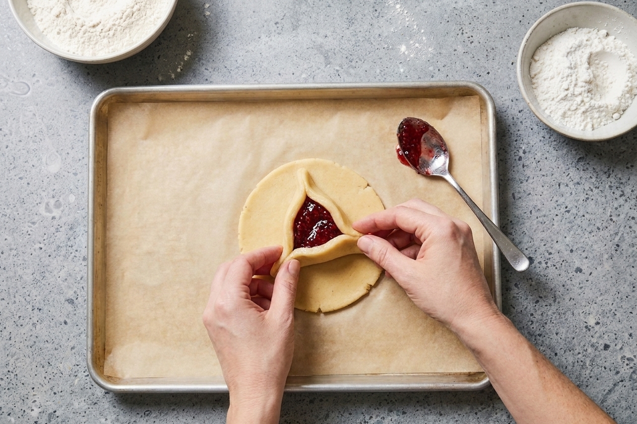 Hands folding and pinching a round of cookie dough into a triangle around a small dollop of jam on a parchment-lined baking sheet