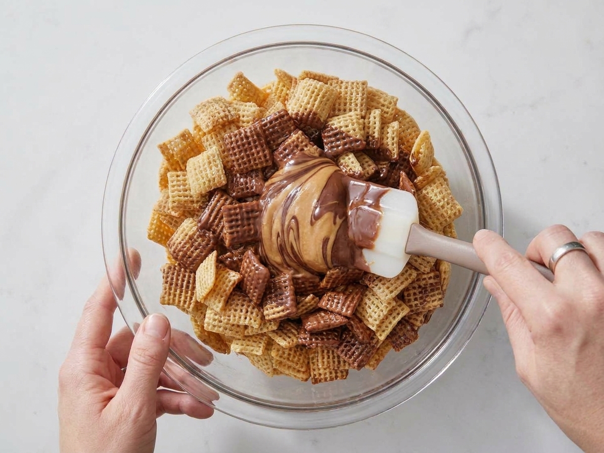 Hands folding chocolate peanut butter mixture into Chex cereal with a rubber spatula in a large bowl