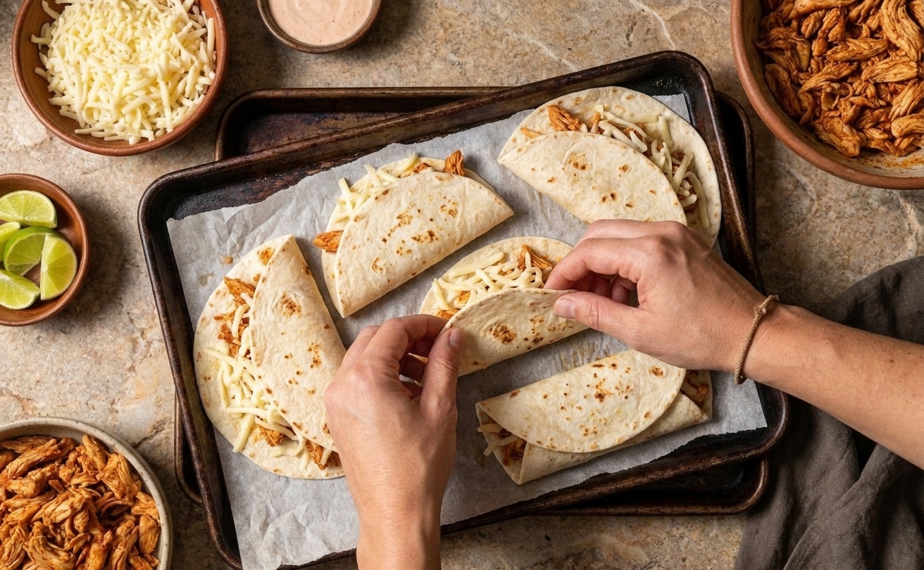 Hands folding flour tortillas over seasoned chicken and shredded cheese on a parchment-lined sheet pan