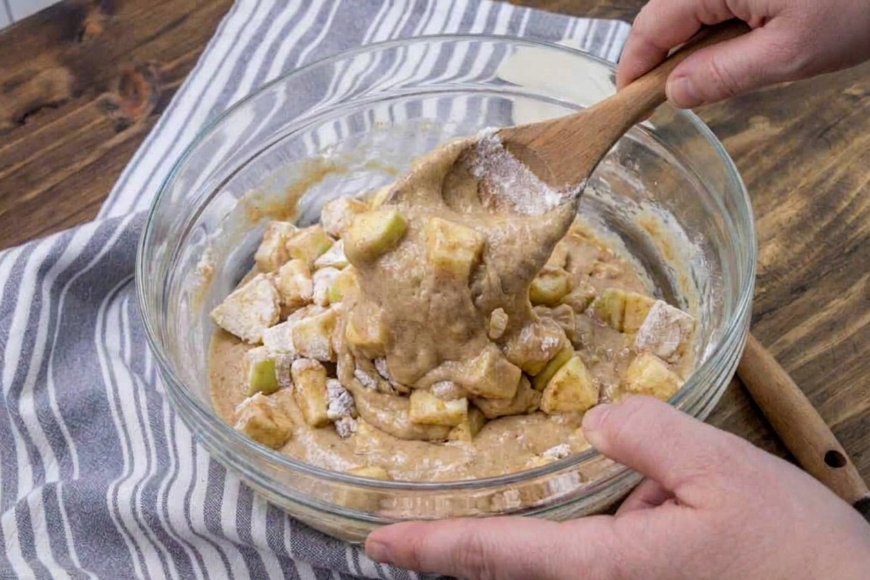 Hands folding flour-tossed diced apples into a thick cinnamon cake batter in a large mixing bowl