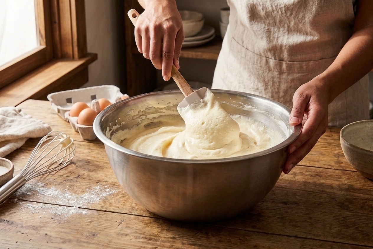 Hands folding fluffy cake batter with a spatula in a large mixing bowl on a kitchen counter