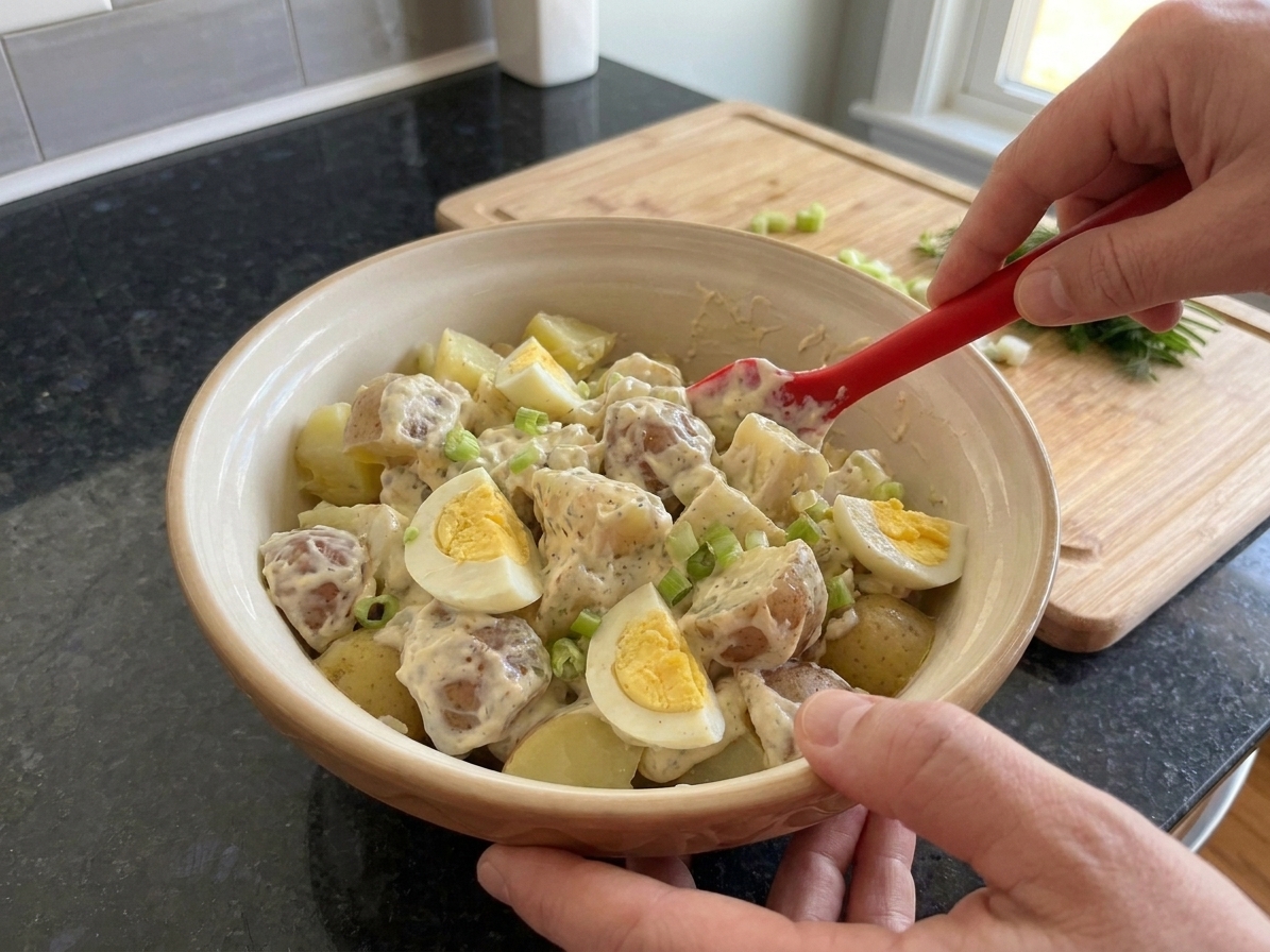 Hands folding potato salad with a rubber spatula in a large bowl, showing potato chunks, egg pieces, and celery