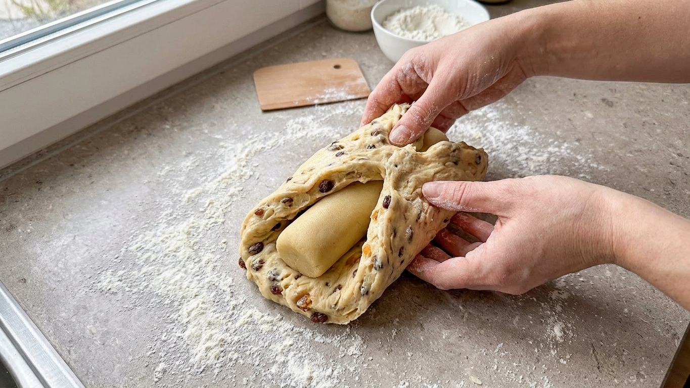 Hands folding stollen dough over a log of marzipan on a floured counter, forming the classic stollen shape