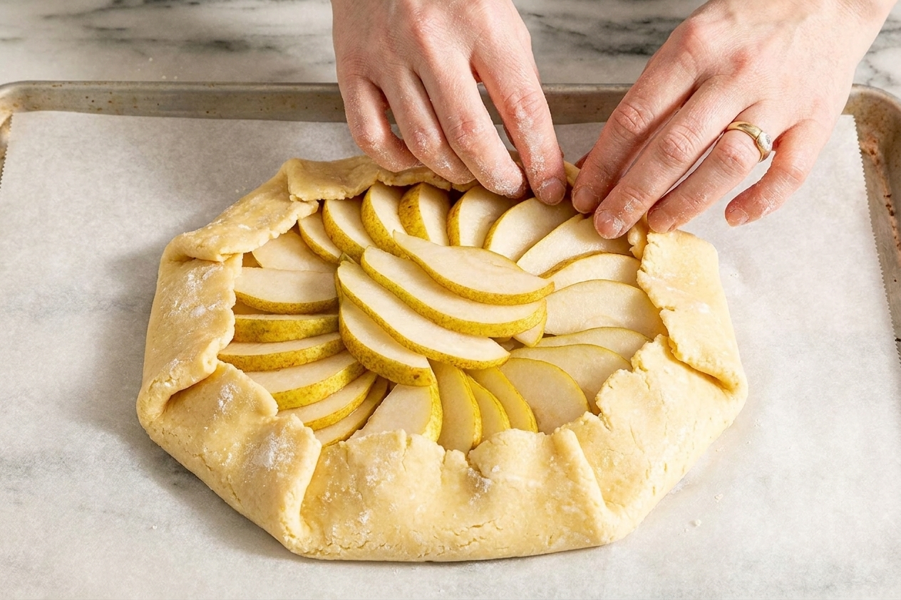 Hands folding the edge of galette dough over sliced pears on a parchment-lined baking sheet