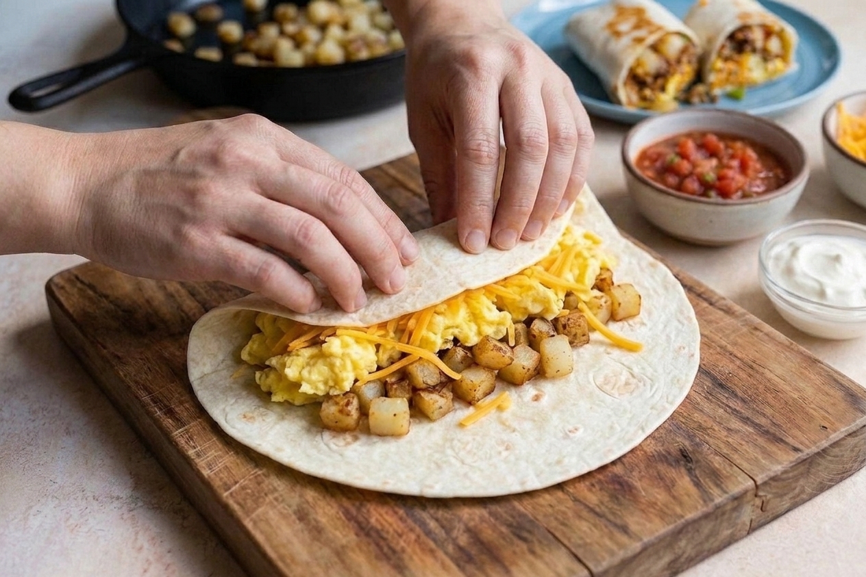 Hands folding the sides of a flour tortilla and rolling it into a tight breakfast burrito on a cutting board