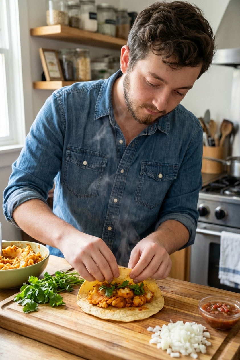 Hands folding warm corn tortillas around seasoned mashed potato filling on a cutting board, kitchen prep scene