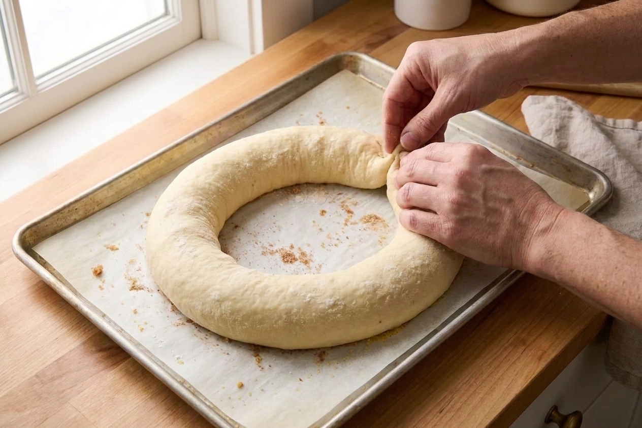 Hands forming a filled dough log into a circle on a parchment-lined baking sheet, pinching the seam closed