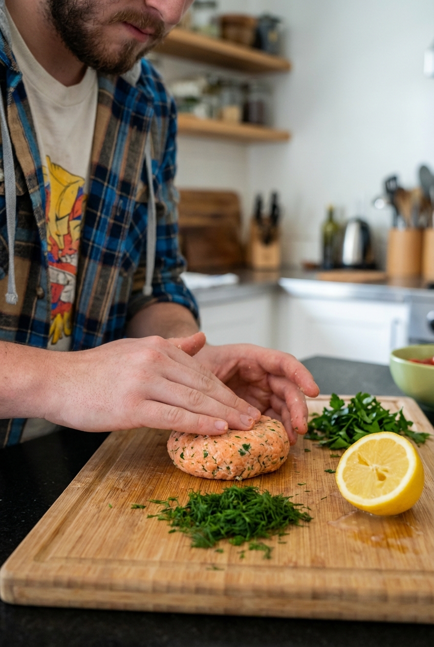 Hands forming a salmon cake patty on a cutting board with chopped herbs and lemon nearby