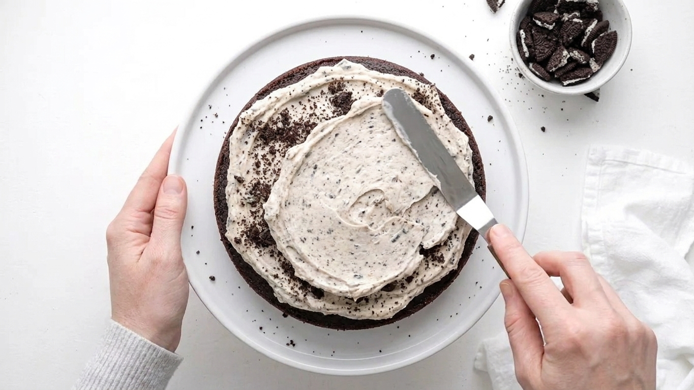 Hands frosting a two-layer chocolate Oreo cake on a cake stand with an offset spatula