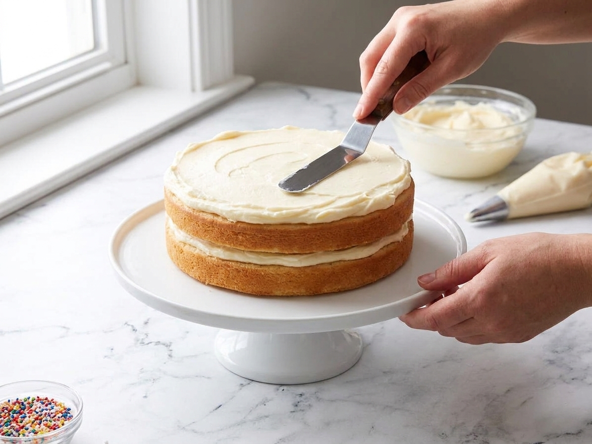 Hands frosting a two-layer vanilla cake with an offset spatula on a cake stand on a bright kitchen counter