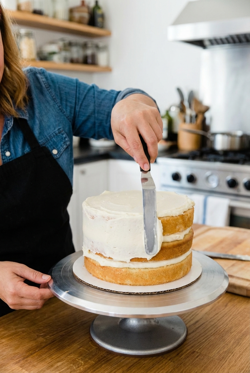 Hands frosting a vanilla layer cake with an offset spatula on a rotating cake stand