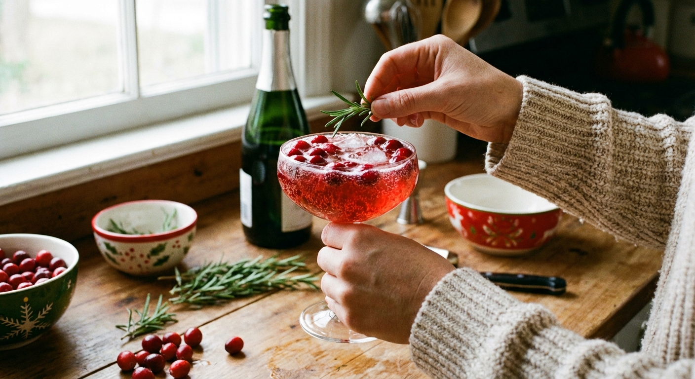 Hands garnishing a sparkling cranberry cocktail with a rosemary sprig over a kitchen counter