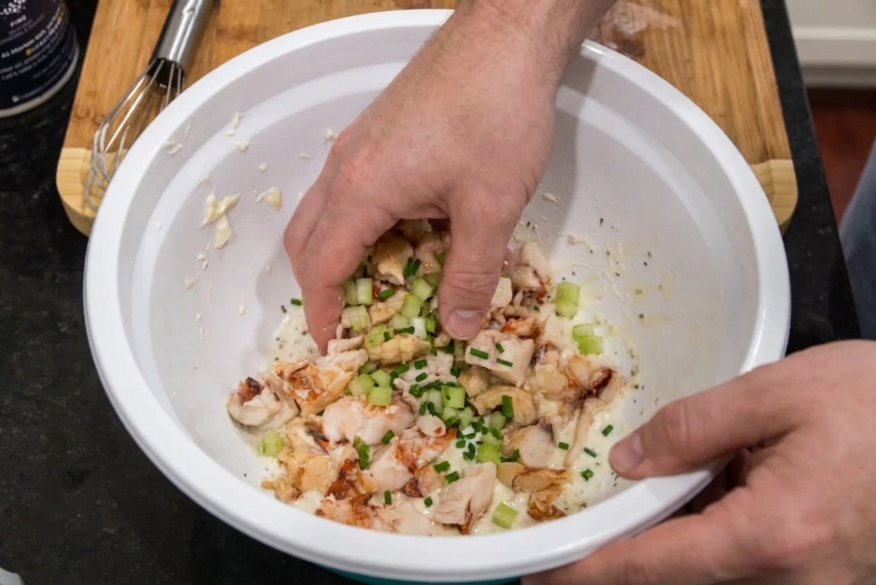 Hands gently folding chopped lobster with mayonnaise, celery, and chives in a mixing bowl on a light kitchen counter