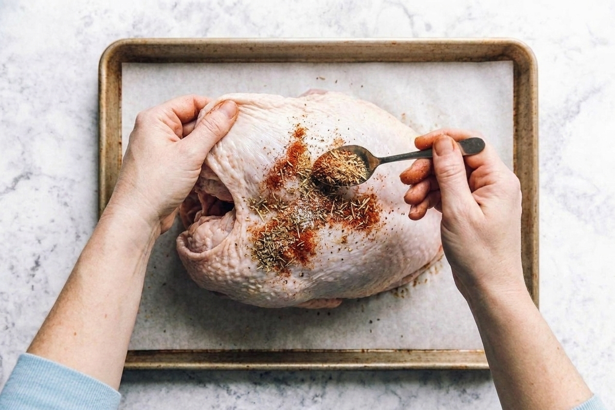 Hands gently lift the skin on a raw turkey breast and sprinkle dry rub directly onto the meat on a sheet pan