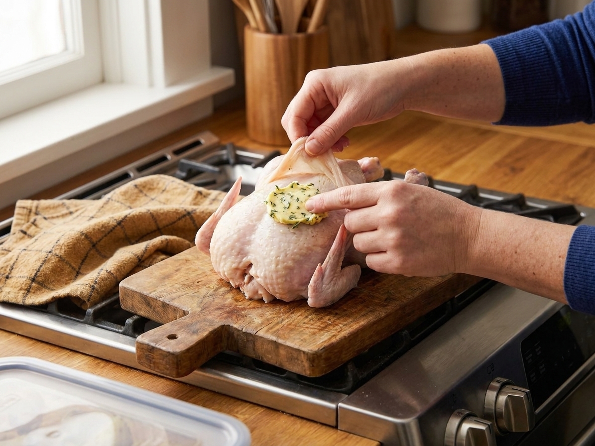 Hands gently lifting chicken skin and spreading herb butter underneath on a cutting board in a home kitchen