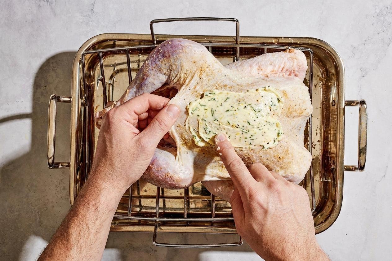 Hands gently lifting turkey breast skin and spreading herb butter underneath on a raw turkey in a roasting pan