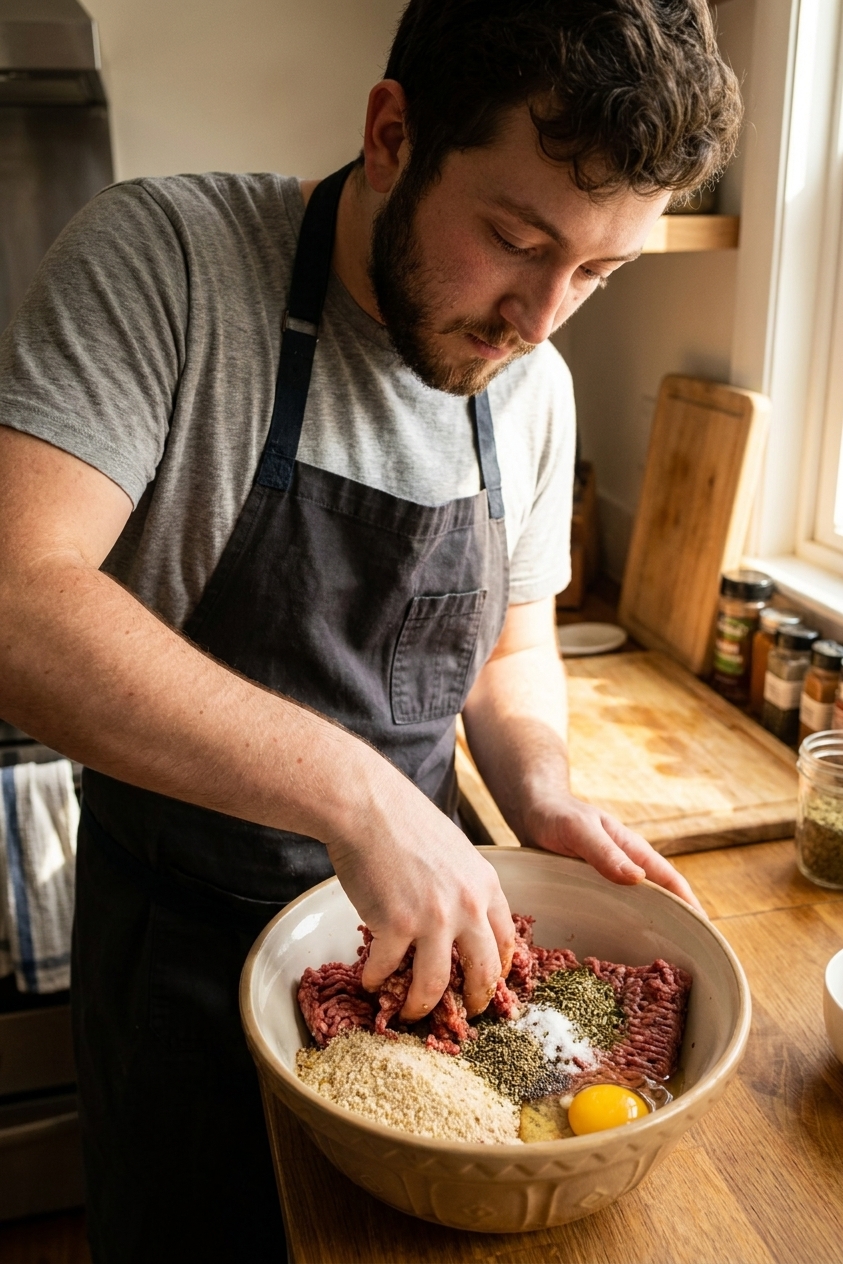 Hands gently mixing ground beef, breadcrumbs, egg, and seasonings in a large mixing bowl on a home kitchen counter, candid food photography style