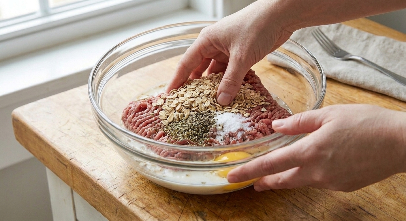Hands gently mixing ground beef, oats, and seasoning in a large glass bowl on a kitchen counter