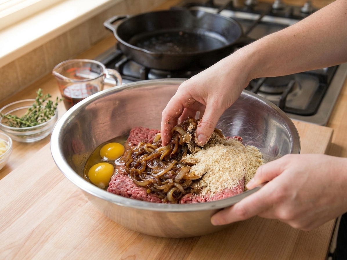 Hands gently mixing ground beef with caramelized onions, eggs, and breadcrumbs in a stainless steel mixing bowl on a kitchen counter