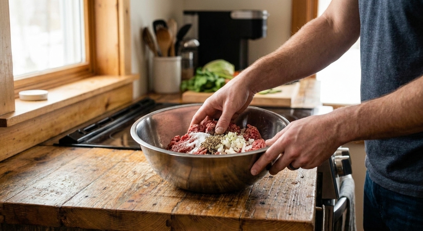 Hands gently mixing ground beef with seasonings in a large stainless steel bowl on a kitchen counter