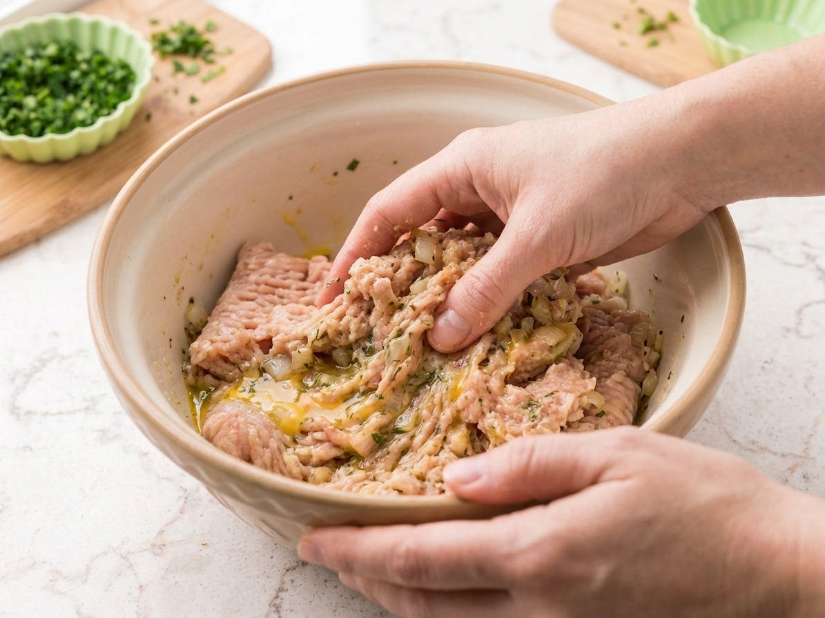 Hands gently mixing ground chicken meatloaf mixture in a large bowl on a kitchen counter