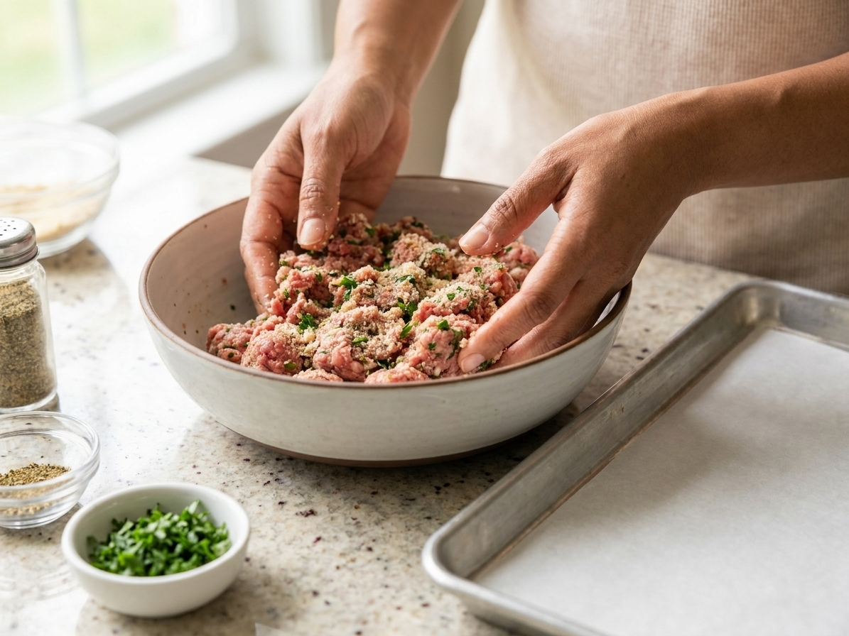Hands gently mixing meatball mixture in a bowl on a light kitchen counter, with a sheet pan lined with parchment nearby
