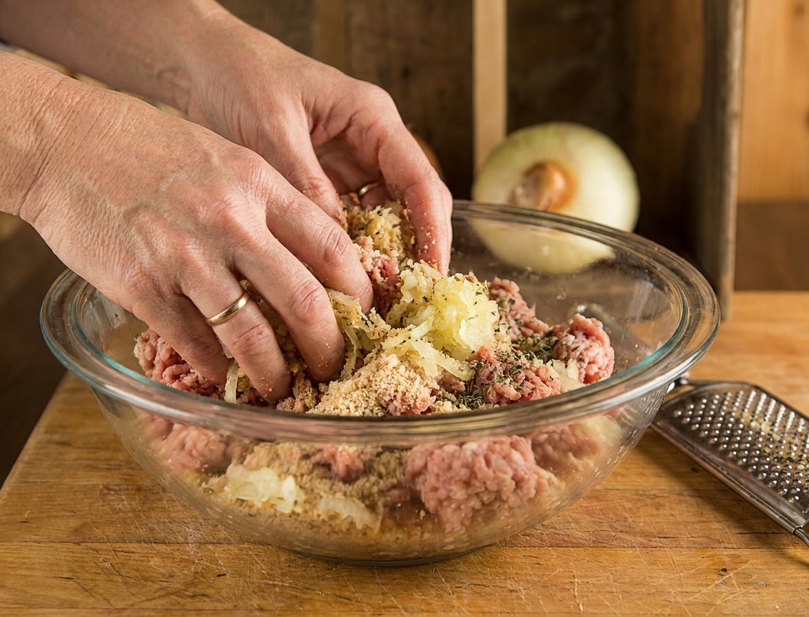 Hands gently mixing seasoned ground turkey with grated onion and breadcrumbs in a clear bowl on a kitchen counter