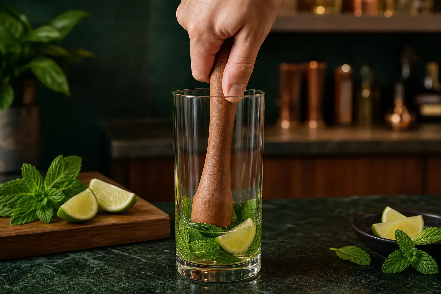 Hands gently muddling fresh mint leaves and lime wedges with sugar in a clear highball glass on a kitchen counter