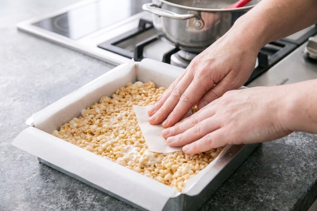 Hands gently pressing Rice Krispie mixture into a parchment-lined baking pan on a kitchen counter