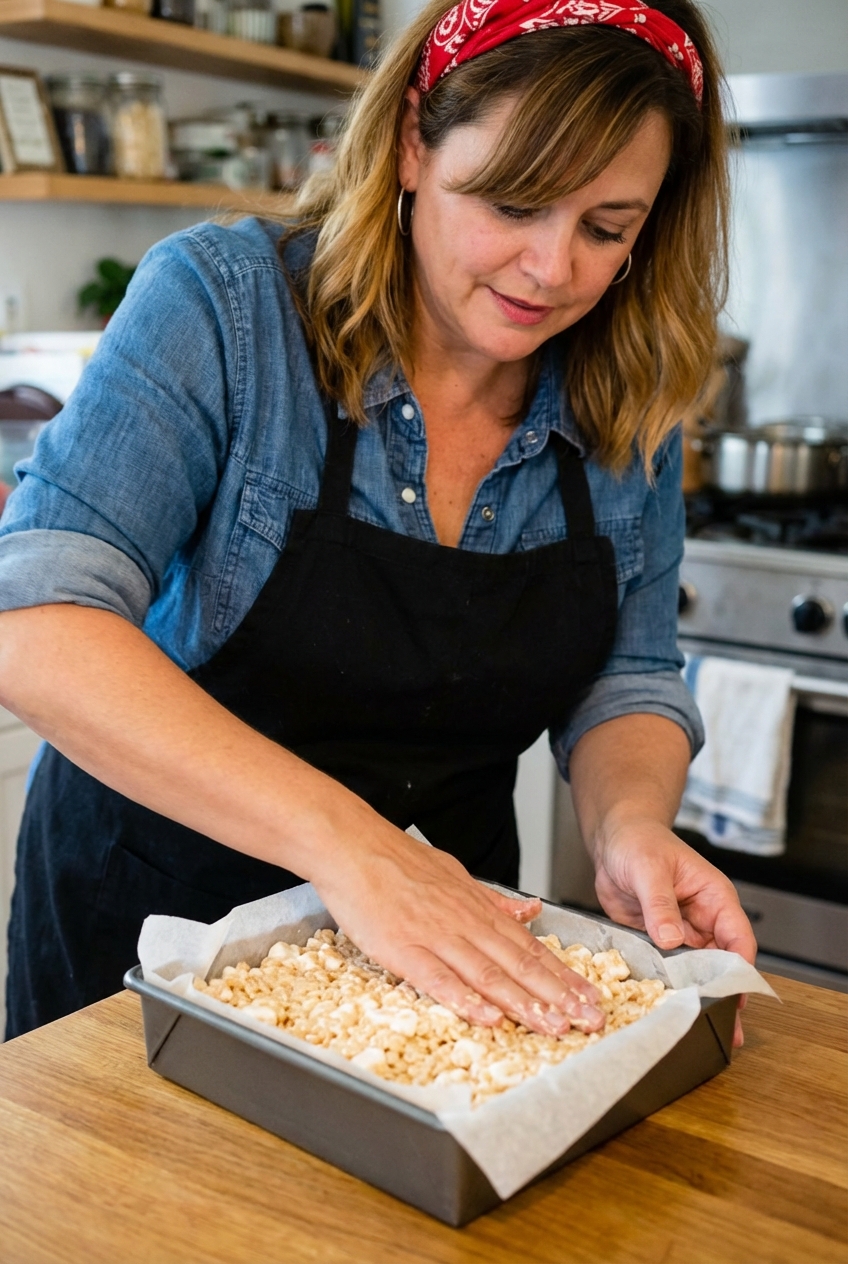 Hands gently pressing rice crispy treat mixture into a parchment-lined square pan