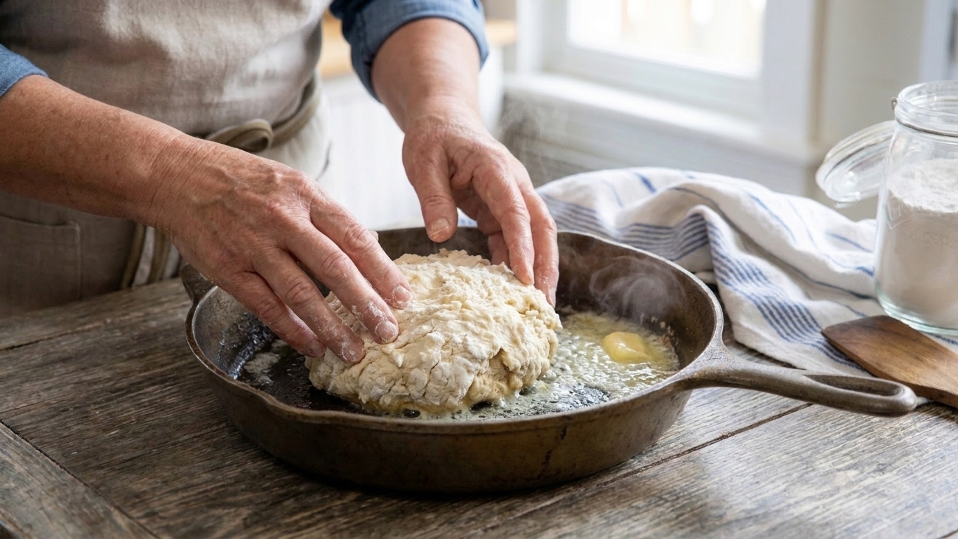 Hands gently pressing shaggy no yeast dough into a hot buttered cast iron skillet on a kitchen counter