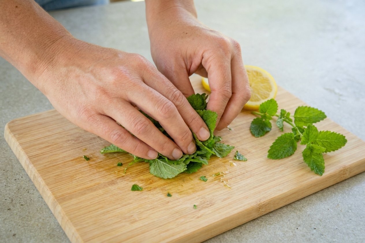 Hands gently rubbing fresh lemon balm leaves over a cutting board to release their aroma