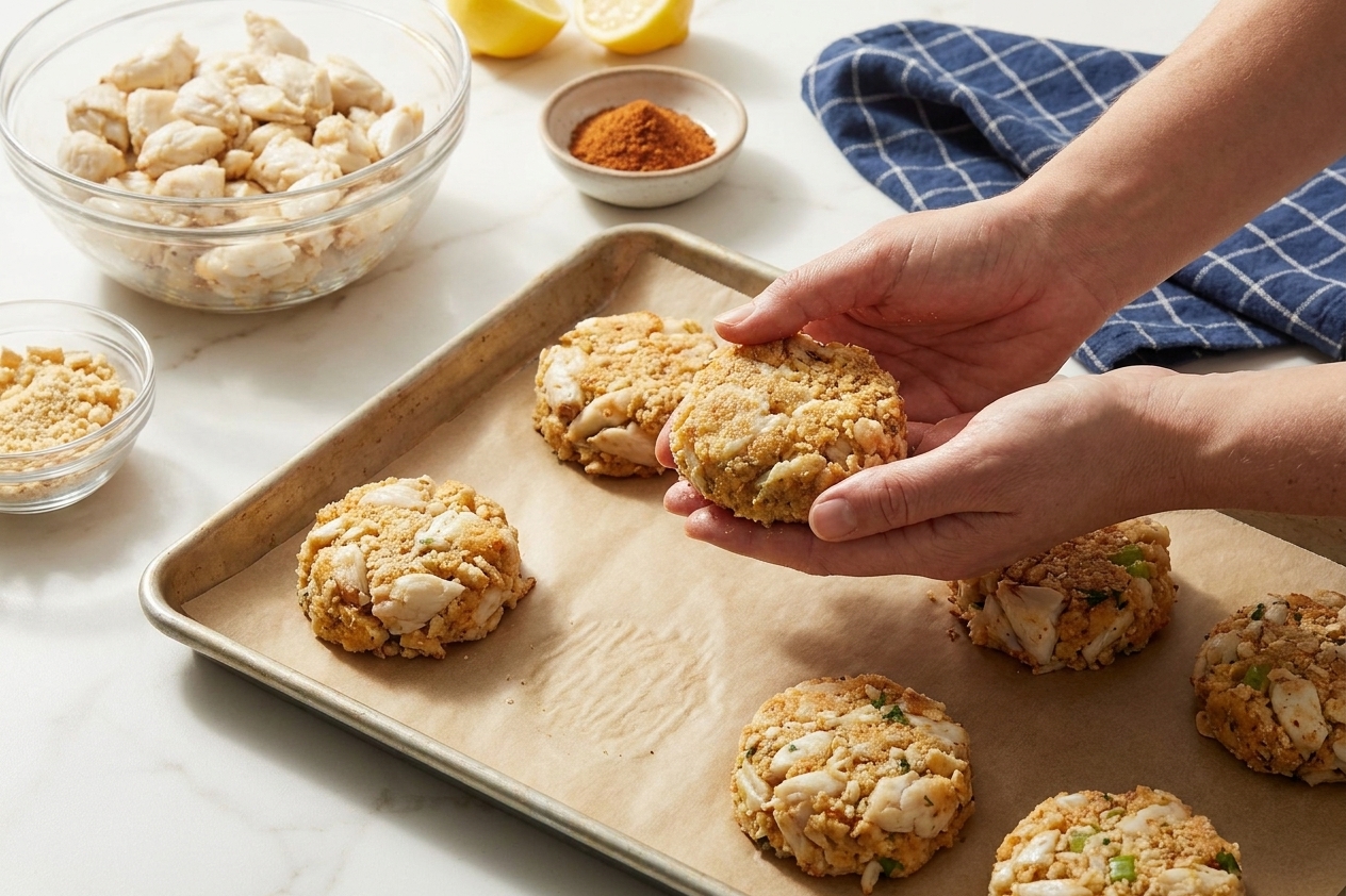 Hands gently shaping crab cake patties on a parchment-lined baking sheet on a kitchen counter