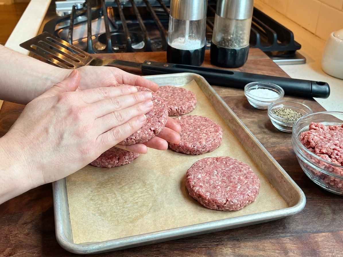 Hands gently shaping raw ground beef into burger patties on a parchment-lined baking sheet on a kitchen counter
