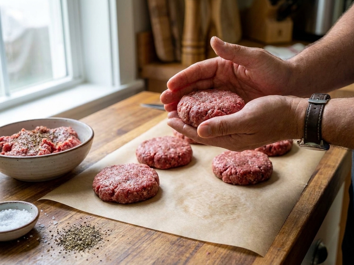 Hands gently shaping raw ground bison into burger patties on parchment paper on a kitchen counter