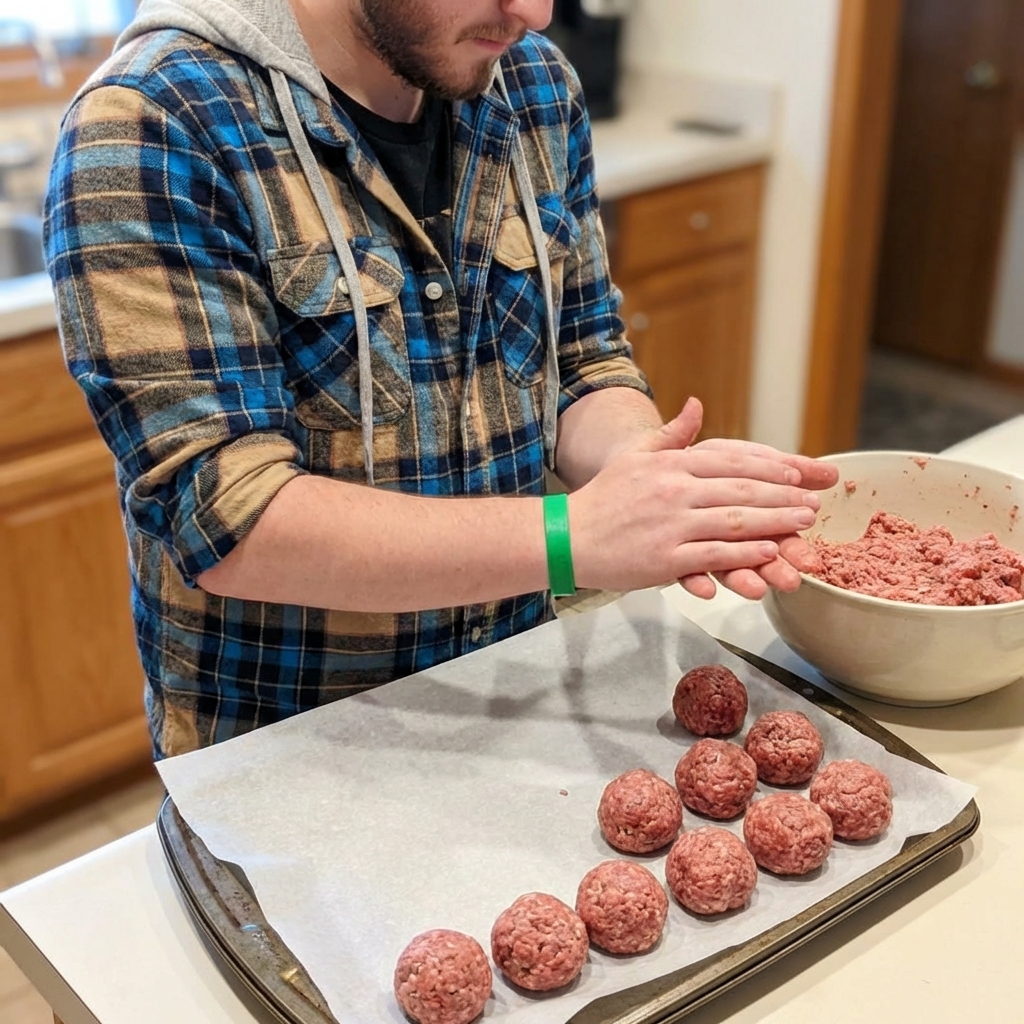 Hands gently shaping raw meatball mixture into uniform balls on a parchment-lined sheet pan