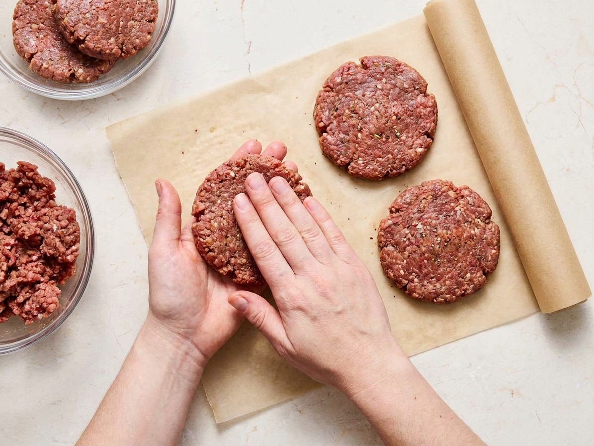 Hands gently shaping seasoned ground beef into burger patties on parchment paper on a kitchen counter