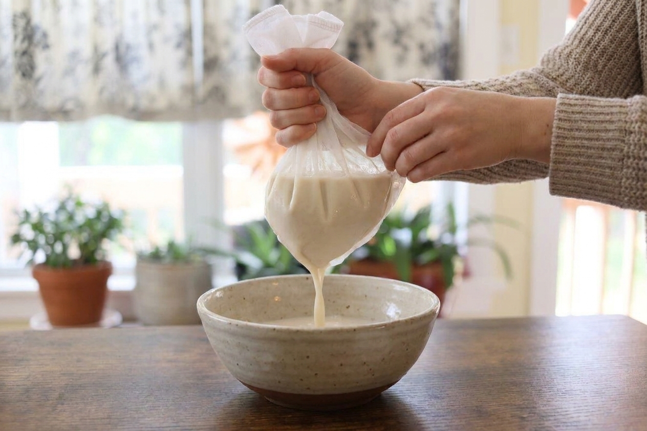 Hands gently squeezing a nut milk bag over a large bowl as creamy oat milk strains through on a kitchen counter
