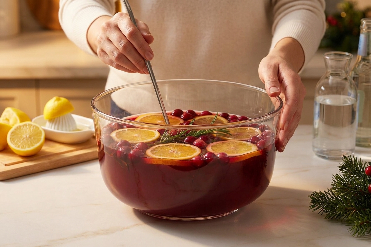 Hands gently stirring a glass punch bowl of cranberry citrus punch with orange slices and cranberries floating on top on a kitchen counter
